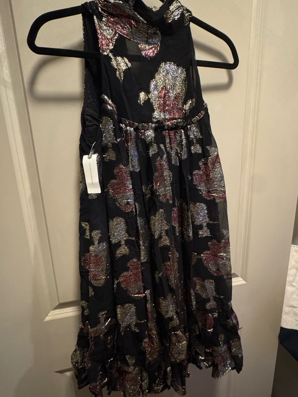 Maeve Black Mini Dress with Gold & Rose Metallic Floral